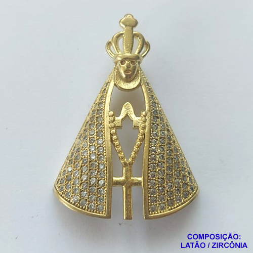 PINGENTE NO BRUTO PRONTO PARA O BANHO(CX41) - PINGENTE NOSSA SRA APARECIDA CRAVEJADA COM MICRO ZIRCONIAS CRISTAIS - COMPOSIÇÃO: LATÃO / ZIRCÔNIA - TAMANHO 23X32MM - PESO TOTAL 4GR - BRU13065