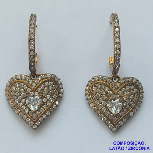 BRINCO NO BRUTO PRONTO PARA O BANHO(CX42) - BRINCO DE PINO COM BASE E CORAÇÃO CRAVEJADOS EM MICROS ZIRCÔNIAS - COMPOSIÇÃO: LATÃO / ZIRCÔNIA - TAMANHO 28MM - PESO TOTAL 4,2GR - BRU13068