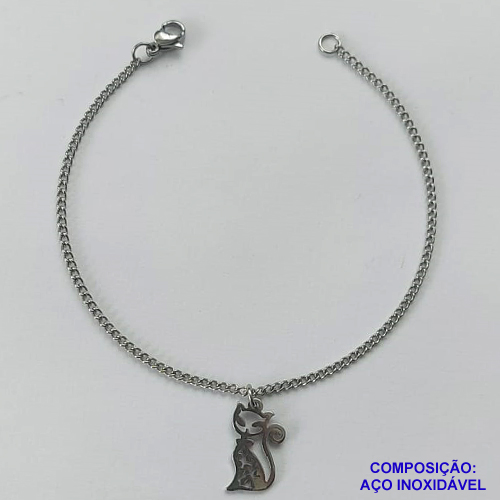 PULSEIRA EM AÇO INOXIDÁVEL (CX39) - (ACO01) TAMANHO 18CM - LARGURA 1MM - PINGENTE GATINHO 9X15MM - FECHO LAGOSTA - COMPOSIÇÃO: AÇO INOXIDÁVEL -  AÇO1102