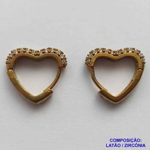 BRINCO NO BRUTO PRONTO BANHO(CX43) - BRINCO ARGOLA CORAÇÃO CRAVEJADO COM 2 FILEIRAS EM MICROS ZIRCÔNIAS - (TRANQUETA) TAMANHO 14MM - LARGURA: 3MM - PESO TOTAL 3GR -  BRU13101