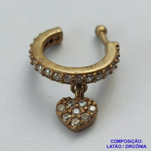 EAR CUFF NO BRUTO PRONTO PARA O BANHO (CX43) - EAR CUFF CORAÇÃO COM MICRO ZIRCÔNIAS CRISTAIS - COMPOSIÇÃO: LATÃO / ZIRCÔNIA - TAMANHO 12MM - PESO TOTAL 0,8GR - (VENDIDO POR UNIDADE) -  BRU13103