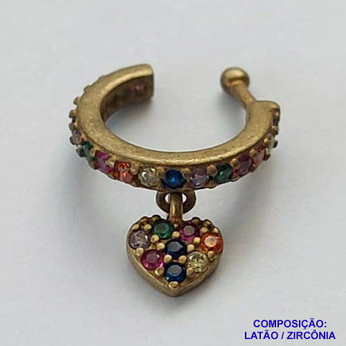 EAR CUFF NO BRUTO PRONTO PARA O BANHO(CX35) - EAR CUFF CORAÇÃO COM MICRO ZIRCÔNIAS COLORIDAS - COMPOSIÇÃO: LATÃO / ZIRCÔNIA - TAMANHO 12MM - PESO TOTAL 0,8GR - (VENDIDO POR UNIDADE) -  BRU13104