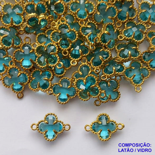ACESSÓRIO NO BRUTO PRONTO PARA O BANHO - PINGENTE TIPO VAN CLEEF AZUL COM DUAS ARGOLINHAS - COMPOSIÇÃO: LATÃO / VIDRO - TAMANHO 8MM -  (VENDIDO POR UNIDADE) PESO TOTAL 0,5GR - BRU0002443