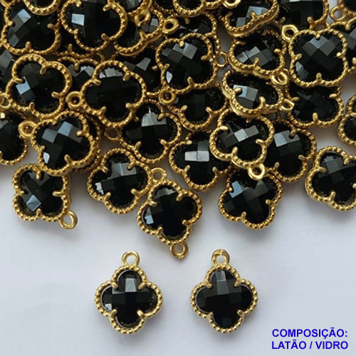 ACESSÓRIO NO BRUTO PRONTO PARA O BANHO - PINGENTE TIPO VAN CLEEF PRETO COM UMA ARGOLINHA - COMPOSIÇÃO: LATÃO / VIDRO - TAMANHO 8MM -  (VENDIDO POR UNIDADE) PESO TOTAL 0,5GR - BRU0002444
