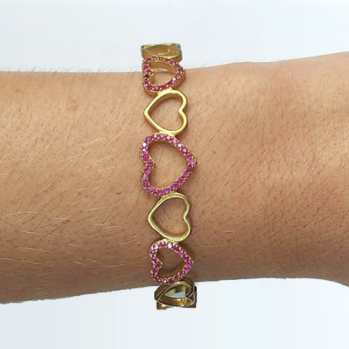 PULSEIRA (BRACELETE) NO BRUTO PRONTO PARA O BANHO (CX40)- CORAÇÕES VAZADOS COM ZIRCÔNIAS ROSAS - PESO TOTAL 10GR - BRU13105