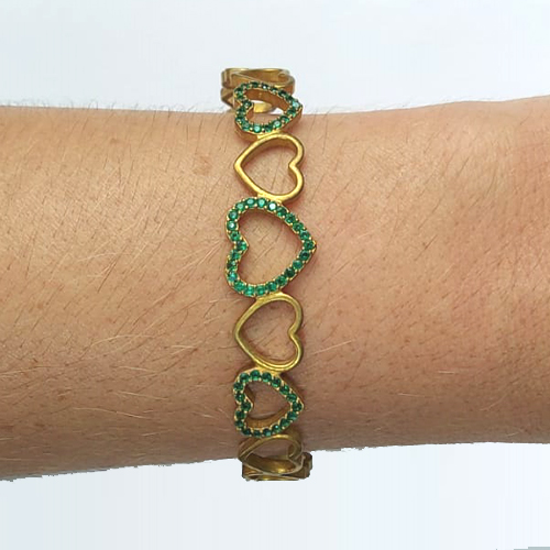 PULSEIRA (BRACELETE) NO BRUTO PRONTO PARA O BANHO (CX40) - CORAÇÕES VAZADOS COM ZIRCÔNIAS VERDES - PESO TOTAL 10GR - BRU13106