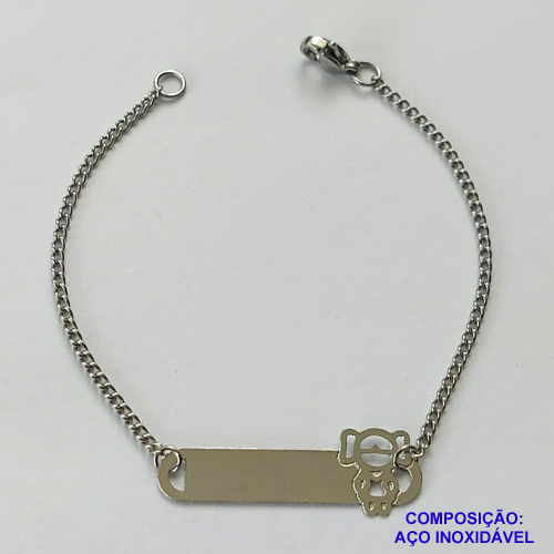 PULSEIRA EM AÇO INOXIDÁVEL - (AÇO01) PULSEIRA INFANTIL MENINA COM PLAQUINHA PARA GRAVAÇÃO - TAMANHO 15CM - FECHO LAGOSTA - COMPOSIÇÃO: AÇO INOXIDÁVEL - AÇO1130
