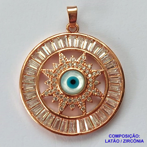 PINGENTE NO BRUTO PRONTO PARA O BANHO(CX41)- PINGENTE MANDALA CRAVEJADO COM MICRO ZIRCONIAS E OLHO GREGO NO CENTRO - COMPOSIÇÃO: LATÃO / ZIRCÔNIA - TAMANHO 25MM - PESO TOTAL 5GR - BRU13112