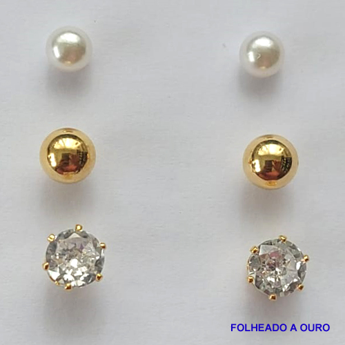BRINCO DE TRIO FOLHEADO A OURO - BANHADO COM 5 MILÉSIMOS + VERNIZ DIAMOND - (BIJ188) BRINCO DE PINO TRIO PÉROLA / BOLINHA / ZIRCÔNIA - OURO060