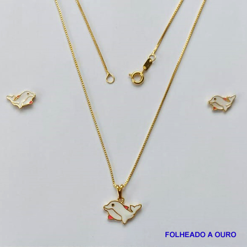 CONJUNTO FOLHEADO A OURO - BANHADO COM 5 MILÉSIMOS + VERNIZ DIAMOND - CONJUNTO INFANTIL COM CORRENTE VENEZIANA 40CM E BRINCOS DE PINO COM PINGENTES DE BALEIA - OURO068