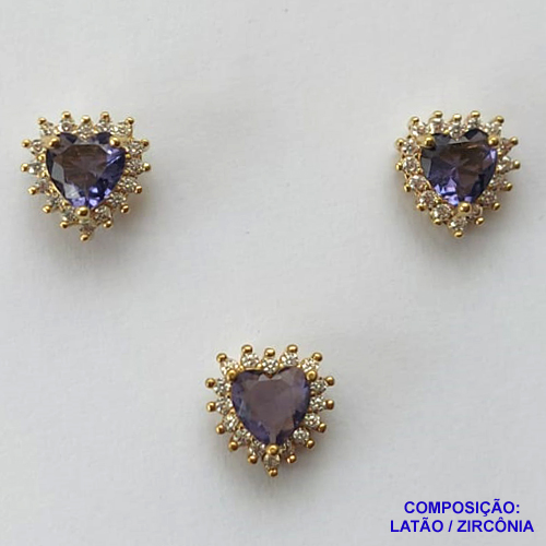 CONJUNTO NO BRUTO PRONTO PARA O BANHO(CX42) - (CX000733 C022) CONJUNTO (SEM CORRENTE) CORAÇÃO CRAVEJADO EM MICROS ZIRCÔNIAS CRISTAIS E ZIRCÔNIA LILÁS 10MM - COMPOSIÇÃO: LATÃO / ZIRCÔNIA - PESO TOTAL 3,2GR - BRU13140