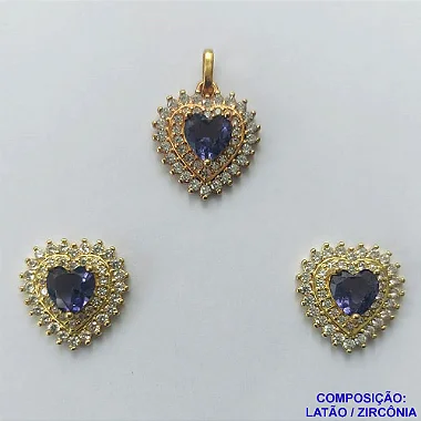 CONJUNTO NO BRUTO PRONTO PARA O BANHO (CX42) - CONJUNTO SEM CORRENTE (CX000974 C022) - (PINGENTE E BRINCOS) PINGENTE CORAÇÃO 13MM CRAVEJADO EM MICRO ZIRCÔNIAS E PEDRA EM ZIRCÔNIA LILÁS - PESO TOTAL 3,8GR - BRU13143