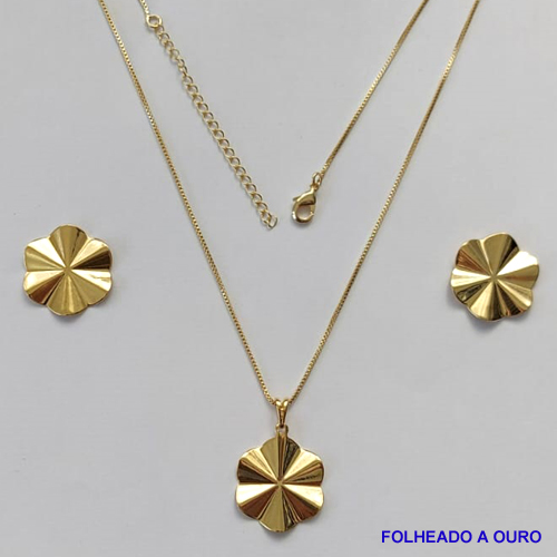 CONJUNTO FOLHEADO A OURO - BANHADO COM 5 MILÉSIMOS + VERNIZ DIAMOND - (CJA809) CONJUNTO COM CORRENTE VENEZIANA 45CM E PINGENTES MARTELADOS 18MM - FECHO LAGOSTA OURO072