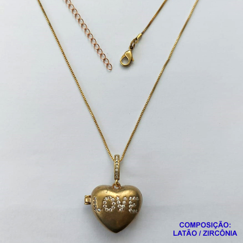 RELICÁRIO NO BRUTO PRONTO PARA O BANHO(CX43) - RELICÁRIO CORAÇÃO COM PALAVRA LOVE CRAVEJADA EM MICROS ZIRCÔNIAS 18X20MM COM CORRENTE VENEZIANA 45CM + EXTENSOR E FECHO LAGOSTA - COMPOSIÇÃO: LATÃO / ZIRCÔNIA - PESO TOTAL 9,8GR - BRU13159