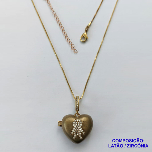 RELICÁRIO NO BRUTO PRONTO PARA O BANHO (CX35) - RELICÁRIO CORAÇÃO COM MENINO CRAVEJADO EM MICROS ZIRCÔNIAS 18X20MM COM CORRENTE VENEZIANA 45CM + EXTENSOR E FECHO LAGOSTA - COMPOSIÇÃO: LATÃO / ZIRCÔNIA - PESO TOTAL 9,8GR - BRU13161