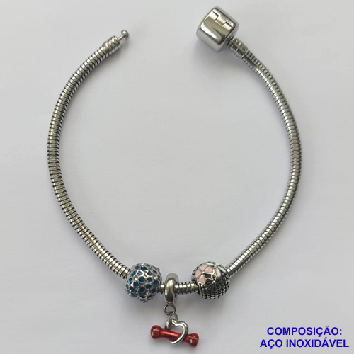 PULSEIRA EM AÇO INOXIDÁVEL(CX35)- PULSEIRA TIPO PANDORA COM FECHO REDONDO E COM DOIS BERLOQUES REDONDOS E UM BERLOQUE ALTERES COM CORAÇÃO - TAMANHO 20CM - COMPOSIÇÃO: AÇO INOXIDÁVEL - AÇO1151
