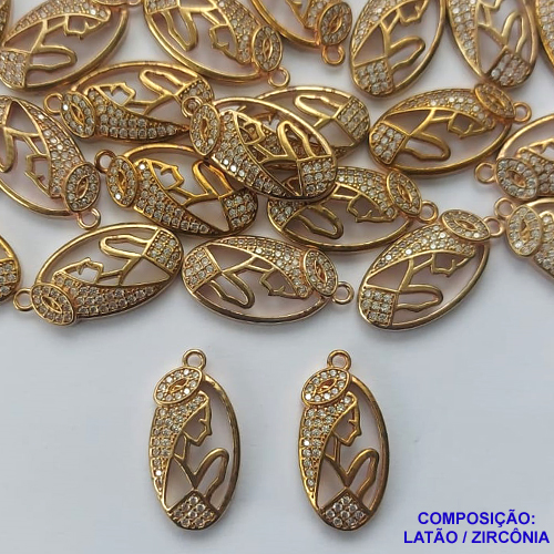 PINGENTE NO BRUTO PRONTO PARA O BANHO(CX45) - PINGENTE NOSSA SENHORA VAZADA CRAVEJADO COM MICRO ZIRCONIAS - COMPOSIÇÃO: LATÃO / ZIRCÔNIA - TAMANHO 11X20MM -  PESO TOTAL 1,5GR - BRU13173