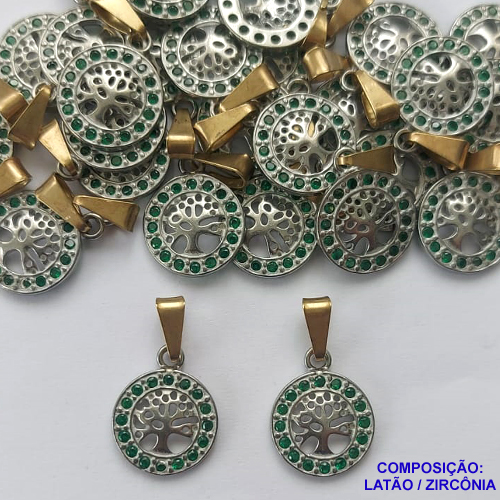 PINGENTE NO BRUTO PRONTO PARA O BANHO(CX48) - PINGENTE REDONDO ÁRVORE DA VIDA CRAVEJADO COM MICROS ZIRCÔNIAS VERDE ESMERALDA - (ALTA FUSÃO) TAMANHO 12MM - PESO 0,7GR (MAD) - BRU13179