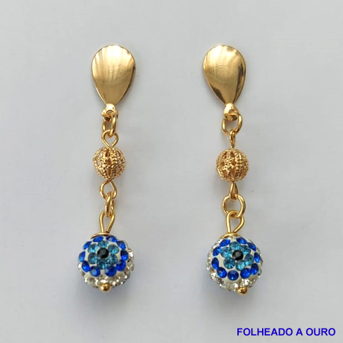 BRINCO FOLHEADO A OURO - BANHADO COM 5 MILÉSIMOS + VERNIZ DIAMOND - BRINCO DE PINO COM OLHO GREGO CRISTAL - OURO089