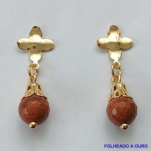 BRINCO FOLHEADO A OURO - BANHADO COM 5 MILÉSIMOS + VERNIZ DIAMOND - BRINCO DE PINO PEDRA NATURAL - PEDRA DO SOL - OURO090