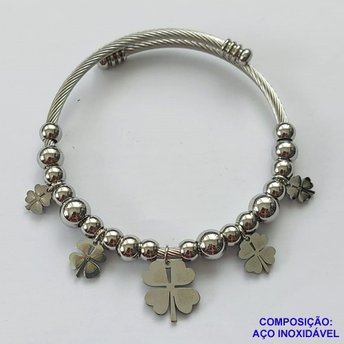 PULSEIRA (BRACELETE) EM AÇO INOXIDÁVEL(CX46) - PULSEIRA COM BERLOQUES EM TREVOS - COMPOSIÇÃO: AÇO INOXIDÁVEL - AÇO1162