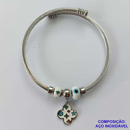 PULSEIRA (BRACELETE) EM AÇO INOXIDÁVEL (CX46)- PULSEIRA COM BERLOQUES EM TREVO E OLHO GREGO - COMPOSIÇÃO: AÇO INOXIDÁVEL - AÇO1163