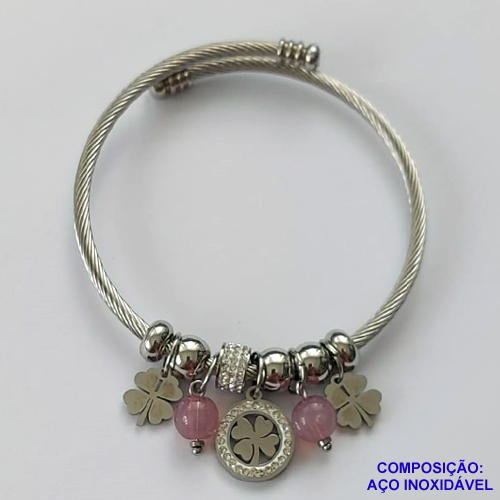 PULSEIRA (BRACELETE) EM AÇO INOXIDÁVEL(CX46) - PULSEIRA COM BERLOQUES EM TREVOS E ZIRCÔNIAS - COMPOSIÇÃO: AÇO INOXIDÁVEL - AÇO1165
