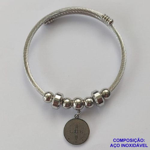 PULSEIRA (BRACELETE) EM AÇO INOXIDÁVEL - (CX46) PULSEIRA COM BERLOQUES REDONDOS E PINGENTE SÃO BENTO - COMPOSIÇÃO: AÇO INOXIDÁVEL - AÇO1167