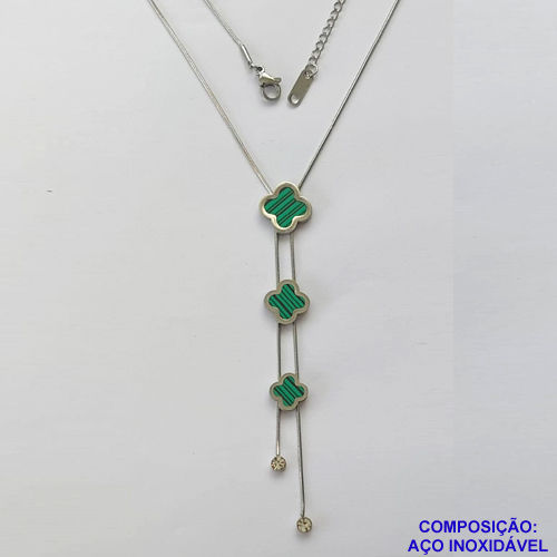 GARGANTILHA EM AÇO INOXIDÁVEL(CX46) - GARGANTILHA 45CM COM PINGENTES TIPO VAN CLEEF E ZIRCÔNIAS - COMPOSIÇÃO: AÇO INOXIDÁVEL - AÇO1168