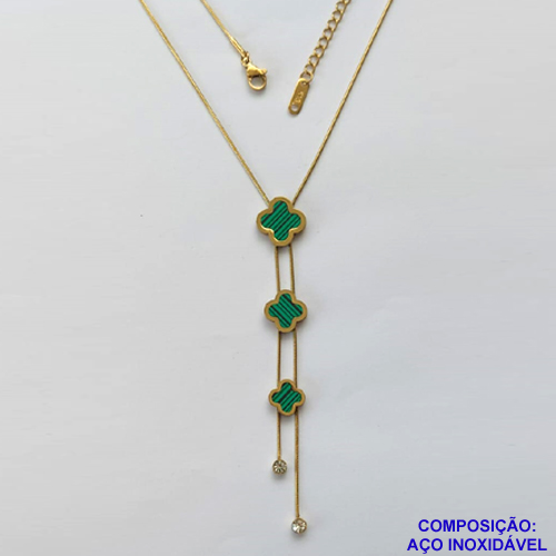 GARGANTILHA EM AÇO INOXIDÁVEL(CX46) - GARGANTILHA DOURADA 45CM COM PINGENTES TIPO VAN CLEEF E ZIRCÔNIAS - COMPOSIÇÃO: AÇO INOXIDÁVEL - AÇO1169