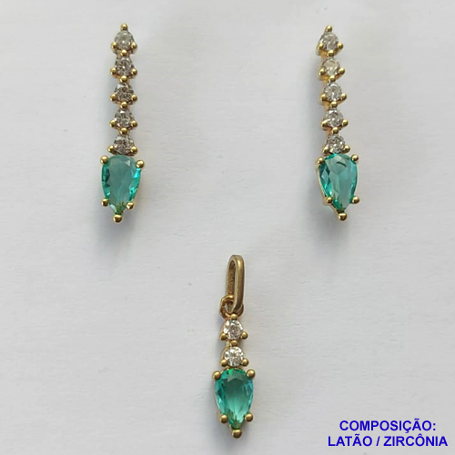 CONJUNTO NO BRUTO PRONTO PARA O BANHO - (CX002711 C037) CONJUNTO (SEM CORRENTE) COM BRINCOS DE PINO E PINGENTES EM MICROS ZIRCÔNIAS CRISTAIS E ZIRCÔNIA VERDE 20MM - COMPOSIÇÃO: LATÃO / ZIRCÔNIA - PESO TOTAL 1,9GR - BRU13313