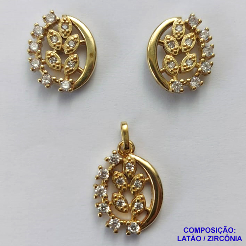 CONJUNTO NO BRUTO PRONTO PARA O BANHO(CX47) - (CX001336 W) CONJUNTO (SEM CORRENTE) COM BRINCOS DE PINO E PINGENTES FOLHA EM MICROS ZIRCÔNIAS CRISTAIS 15MM - COMPOSIÇÃO: LATÃO / ZIRCÔNIA - PESO TOTAL 4,3GR - BRU13314
