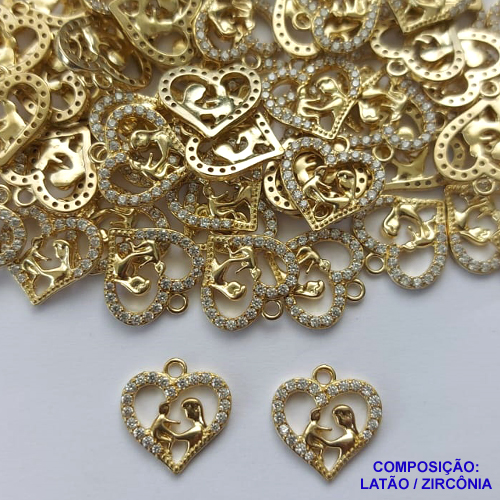 PINGENTE NO BRUTO PRONTO PARA O BANHO(CX47) - PINGENTE CORAÇÃO MÃE COM BEBÊ CRAVEJADO EM MICROS ZIRCÔNIAS 12MM - PESO TOTAL 0,6GR - BRU13316