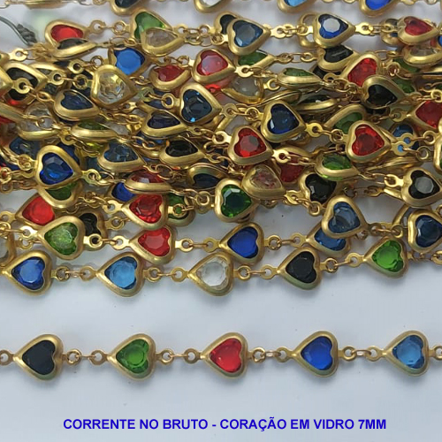 CORRENTE NO BRUTO PRONTO PARA O BANHO(CX49) - CORRENTE COM CORAÇÕES COLORIDOS EM VIDRO 7MM - (VENDIDA POR METRO) COMPOSIÇÃO: LATÃO / VIDRO - BRU0002567