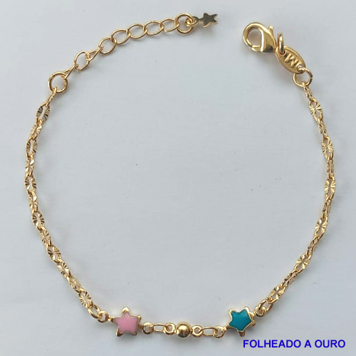 PULSEIRA FOLHEADA A OURO - BANHADO COM 5 MILÉSIMOS + VERNIZ DIAMOND - (PLDI04) PULSEIRA INFANTIL COM DUAS ESTRELINHAS  - TAMANHOS: 13CM + EXTENSOR - OURO093