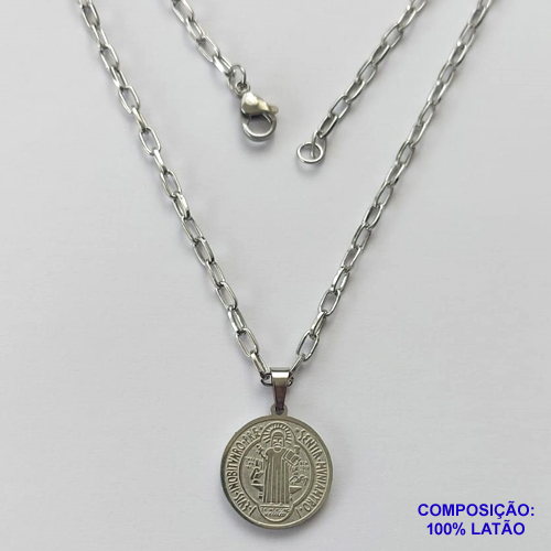 GARGANTILHA EM AÇO INOXIDÁVEL(CX49)- (ACO012) GARGANTILHA COM PINGENTE REDONDO SÃO BENTO 17MM - COMPRIMENTO: 50CM - FECHO LAGOSTA - ACO1193