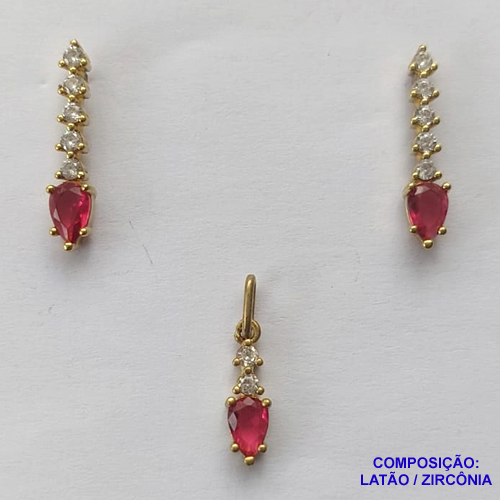 CONJUNTO NO BRUTO PRONTO PARA O BANHO (CX50) - (CX002711 C503) CONJUNTO (SEM CORRENTE) COM BRINCOS DE PINO E PINGENTES EM MICROS ZIRCÔNIAS CRISTAIS E ZIRCÔNIA VERMELHA 20MM - COMPOSIÇÃO: LATÃO / ZIRCÔNIA - PESO TOTAL 1,9GRR - BRU13325