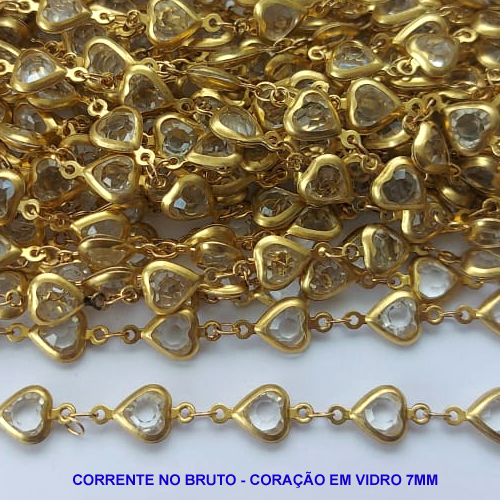 CORRENTE NO BRUTO PRONTO PARA O BANHO(CX49) - CORRENTE COM CORAÇÕES CRISTAIS EM VIDRO 7MM - (VENDIDA POR METRO) COMPOSIÇÃO: LATÃO / VIDRO - BRU13327