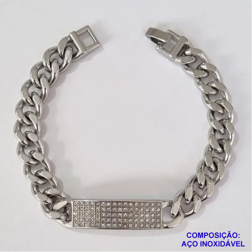 PULSEIRA EM AÇO INOXIDÁVEL 19CM COM PLACA 10MM MICRO ZIRCÔNIAS LARGURA 8MM COM TRAVA (ACPS000336) ACO1200