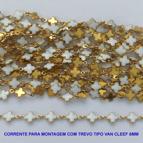 CORRENTE NO BRUTO PRONTO PARA O BANHO(CX57) - CORRENTE COM TREVOS TIPO VAN CLEEF BRANCA 6MM - (VENDIDA POR METRO) - BRU13329