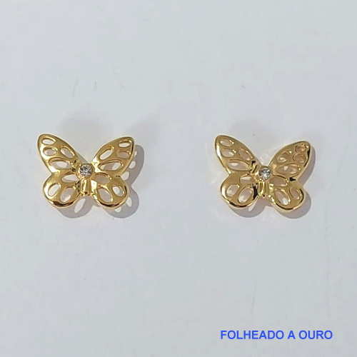 BRINCO FOLHEADO A OURO - BANHADO COM 5 MILÉSIMOS + VERNIZ DIAMOND - (BRJ3225) BRINCO DE PINO BORBOLETA VAZADA 12MM - OURO116