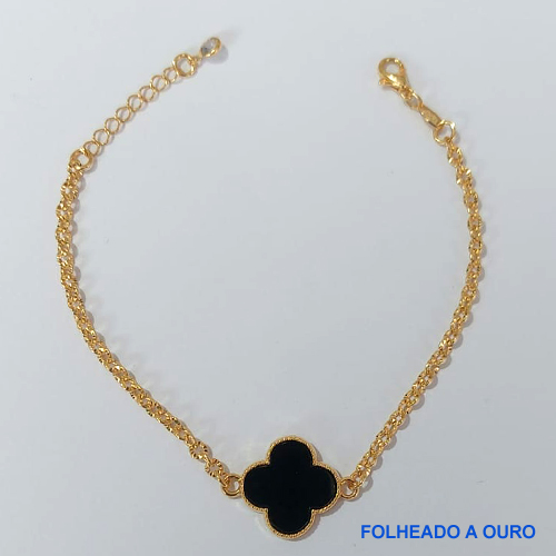PULSEIRA FOLHEADA A OURO - BANHADO COM 5 MILÉSIMOS + VERNIZ DIAMOND - (PLD045) PULSEIRA TREVO PRETO 16MM - TAMANHOS: 16CM + EXTENSOR - OURO164