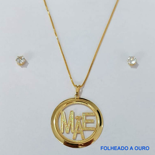 CONJUNTO FOLHEADO A OURO - BANHADO COM 5 MILÉSIMOS + VERNIZ DIAMOND -(CJB643) CONJUNTO  COM CORRENTE VENEZIANA 45CM E BRINCOS DE PINO ZIRCÔNIA 5MM COM PINGENTE DE  CÍRCULO MÃE 30MM - OURO167