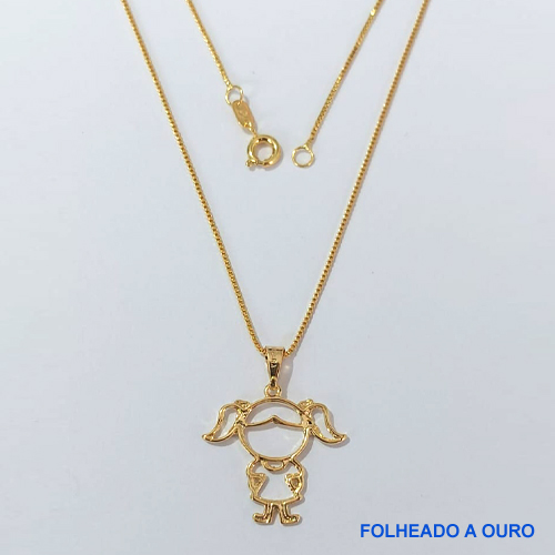 GARGANTILHA FOLHEADA A OURO - BANHADO COM 5 MILÉSIMOS + VERNIZ DIAMOND -(PG336ZD) CORRENTE VENEZIANA 45CM E PINGENTE MENINA LAÇINHO 23MM - FECHO REDONDO - OURO169