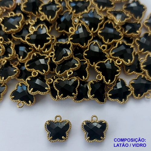 ACESSÓRIO NO BRUTO PRONTO PARA O BANHO - PINGENTE TIPO VAN CLEEF BORBOLETA PRETA COM UMA ARGOLINHA - COMPOSIÇÃO: LATÃO / VIDRO - TAMANHO 10MM - (VENDIDO POR UNIDADE) PESO TOTAL 0,8GR - BRU0002584