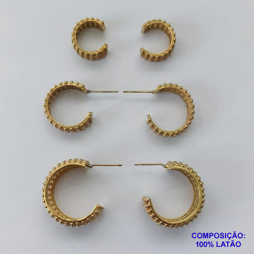BRINCO NO BRUTO PRONTO PARA O BANHO(CX52) - BRINCO DE TRIO ARGOLA DETALHES VAZADOS - TAMANHOS: 16/21/25MM - PESO TOTAL 14,6GR - BRU13341
