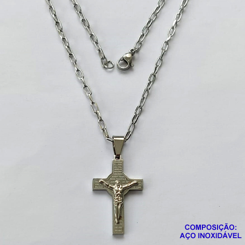 GARGANTILHA EM AÇO INOXIDÁVEL(CX53) - (AÇO012) GARGANTILHA COM PINGENTE CRUCIFIXO 31MM - COMPRIMENTO: 50CM - FECHO LAGOSTA - ACO1225