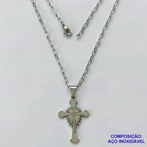 GARGANTILHA EM AÇO INOXIDÁVEL(CX55) - (AÇO012) GARGANTILHA COM PINGENTE CRUCIFIXO 34MM - COMPRIMENTO: 50CM - FECHO LAGOSTA - ACO1226