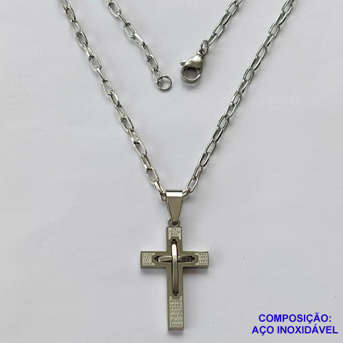 GARGANTILHA EM AÇO INOXIDÁVEL(CX54) - (AÇO012) GARGANTILHA COM PINGENTE CRUCIFIXO DUPLO 29MM - COMPRIMENTO: 50CM - FECHO LAGOSTA - ACO1227