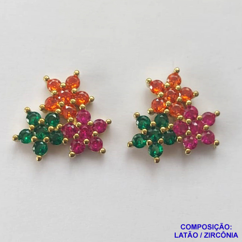 BRINCO NO BRUTO PRONTO PARA O BANHO(CX53) - (BX0011177 MIX) BRINCO DE PINO FLORES COM ZIRCÔNIAS COLORIDAS 15X15MM - COMPOSIÇÃO: LATÃO / ZIRCÔNIA - PESO TOTAL 3,1GR - BRU13359